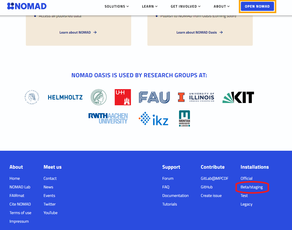 NOMAD Beta at the bottom of the website