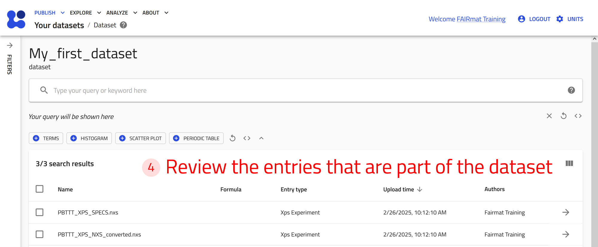 Go to dataset page and review entries 