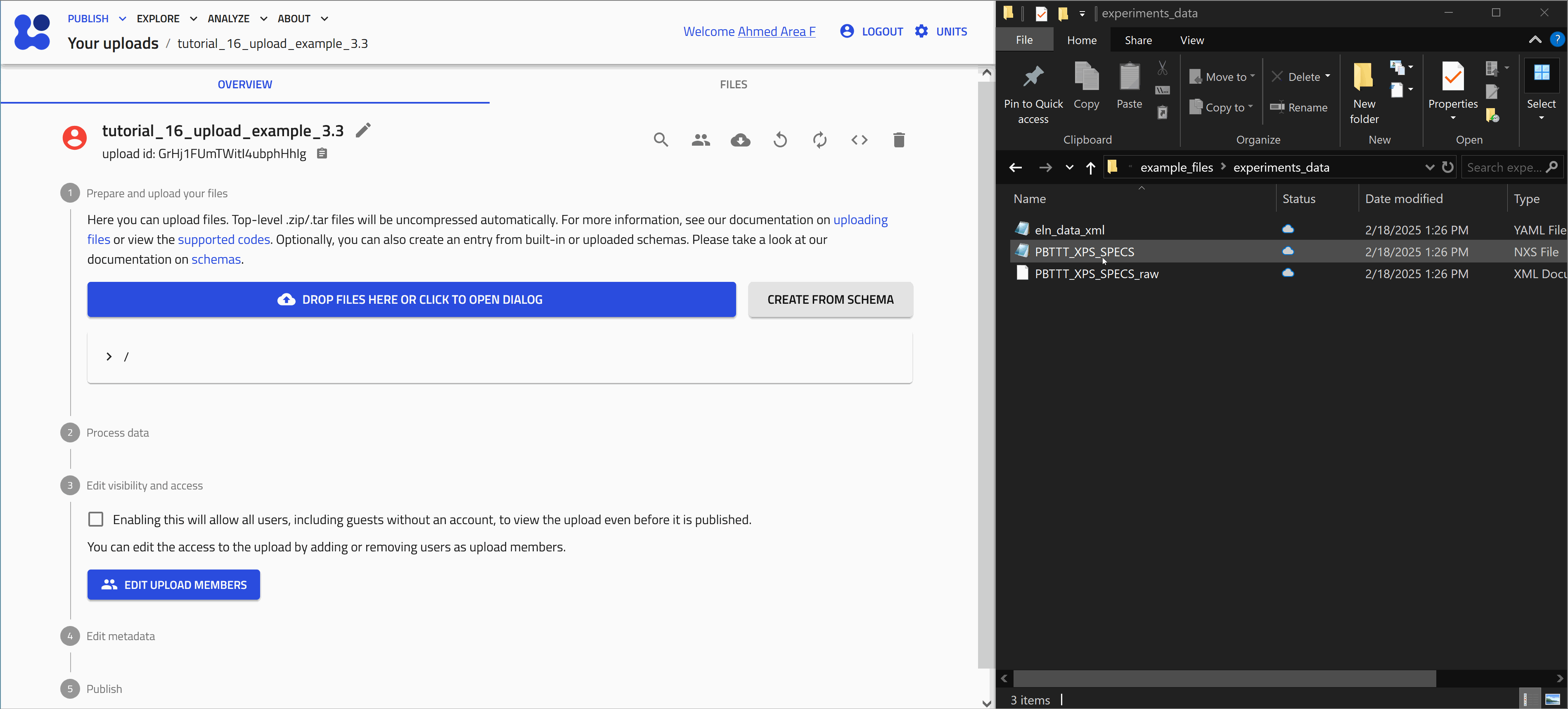 An animation demonstrating the drag and drop of NeXuS files in NOMAD