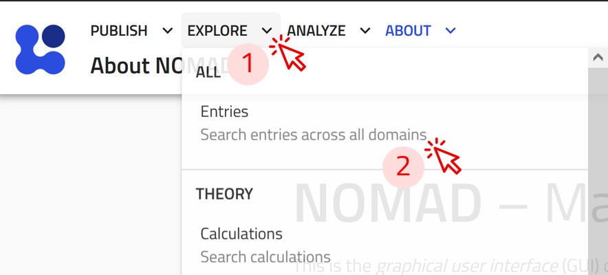 screenshot of the navigation steps to the explore entries page